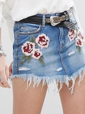 Free People Light Blue Denim Mini Skirt with Red Floral Embroidery